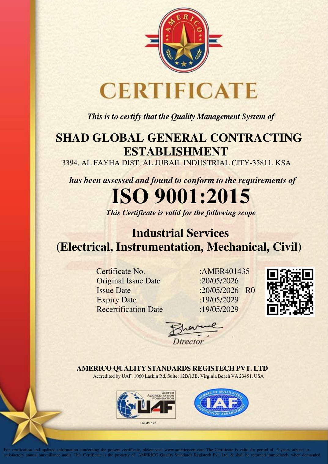 ISO 9001:2015  Quality Management System certificate, SHAD Global